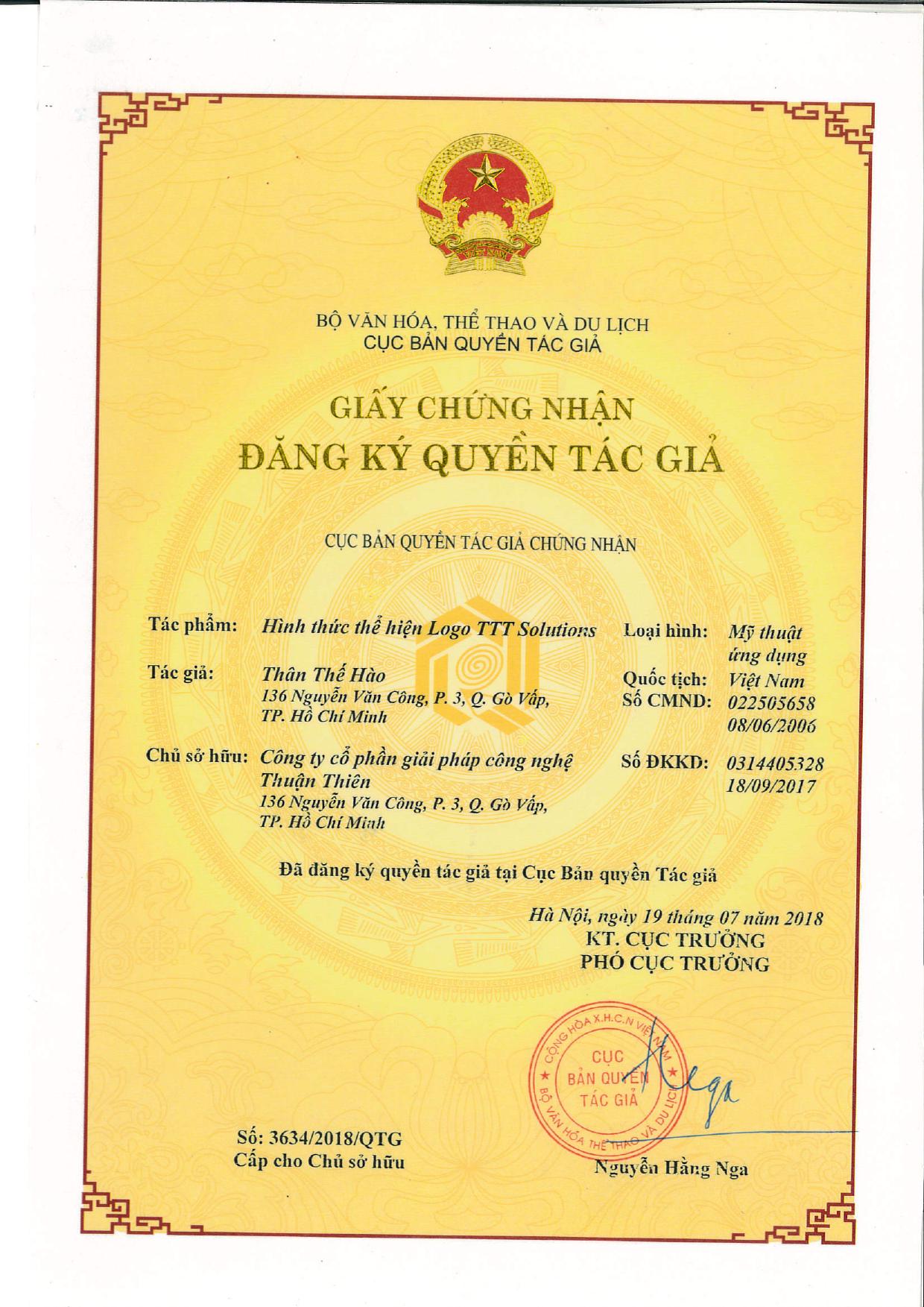 Giấy chứng nhận đăng ký quyền tác giả Logo TTT Solutions
