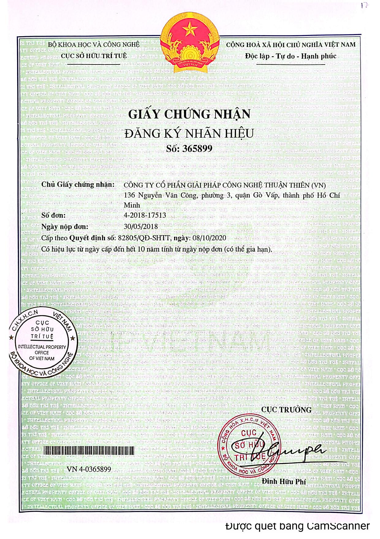 Giấy chứng nhận đăng ký nhãn hiệu số 365899 - TTT Solutions